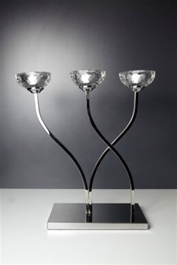 Gümüş Metal Gövdeli Kristal Cam Başlıklı Üçlü Tealight Mumluk Şamdan Mumluk