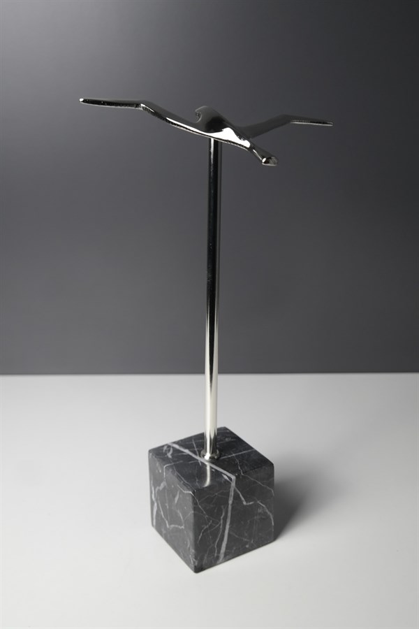 Gümüş Metal Uçan Kuş Mermer Kaideli 33 Cm Dekoratif Ev Aksesuarları