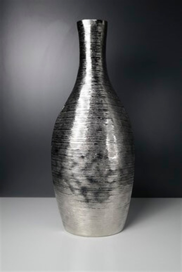 Gümüş Renk Yassı Uzun Dekoratif Metal Vazo 54 Cm Vazo