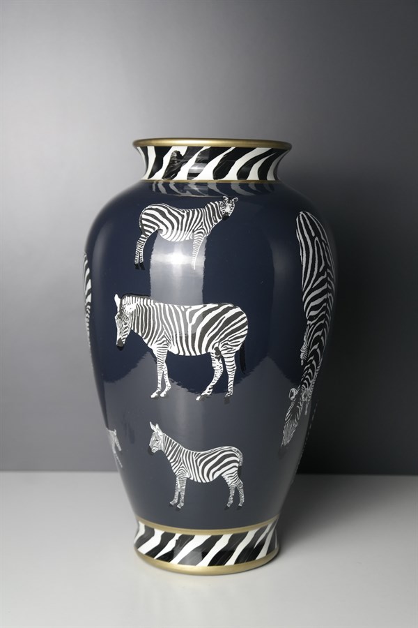 Lacivert Seramik Zebra Figürlü Vazo 30 Cm Dekoratif Ev Aksesuarları