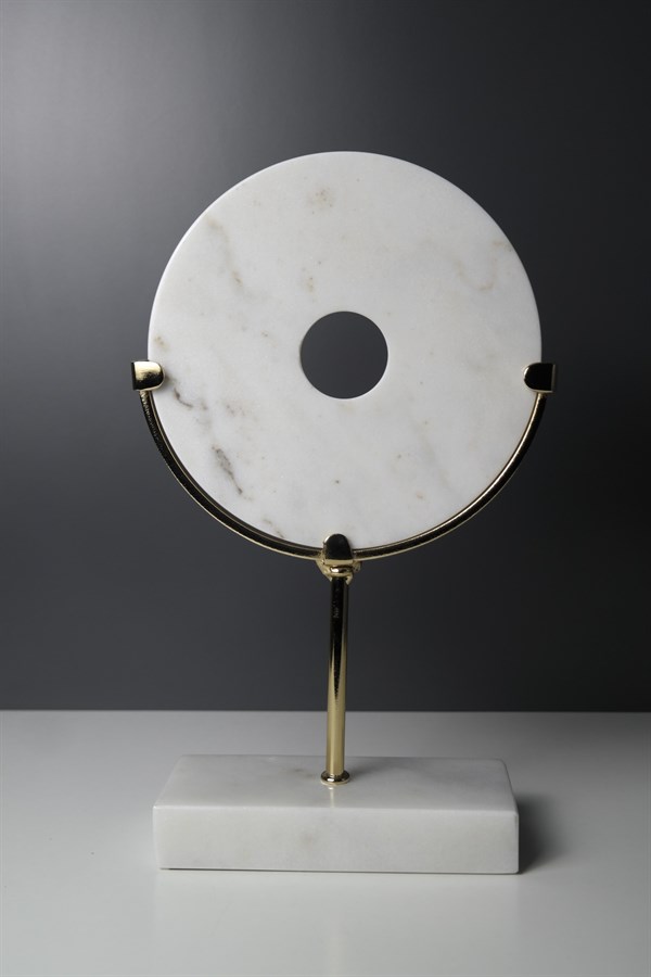 Mermer Kaideli Gold Gövdeli Beyaz Mermer Disk Dekoratif 34 Cm Dekoratif Ev Aksesuarları