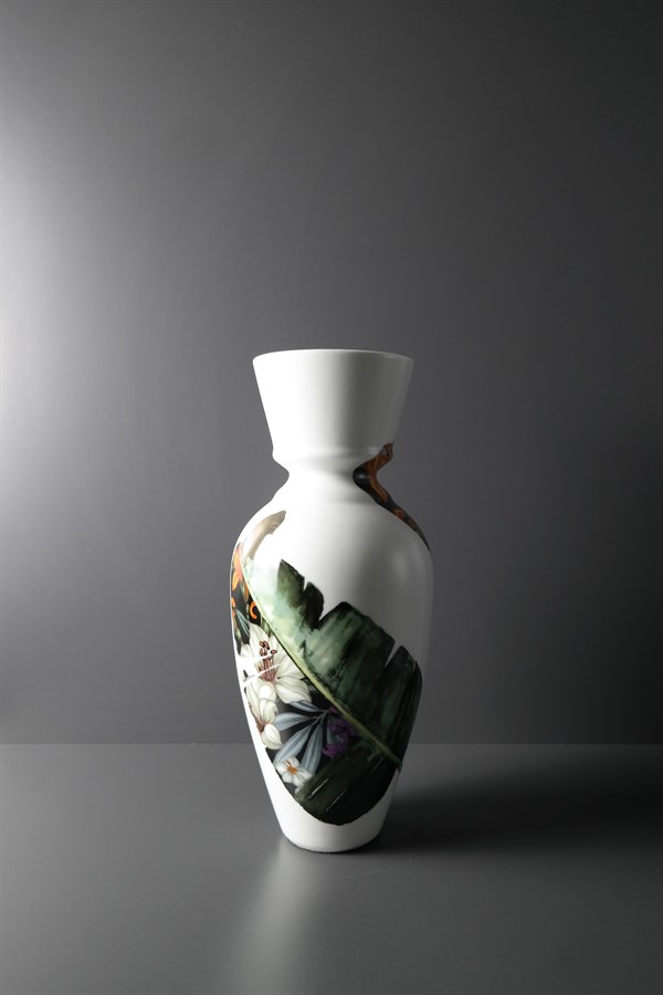 Seramik Beyaz Yaprak Desenli Vazo