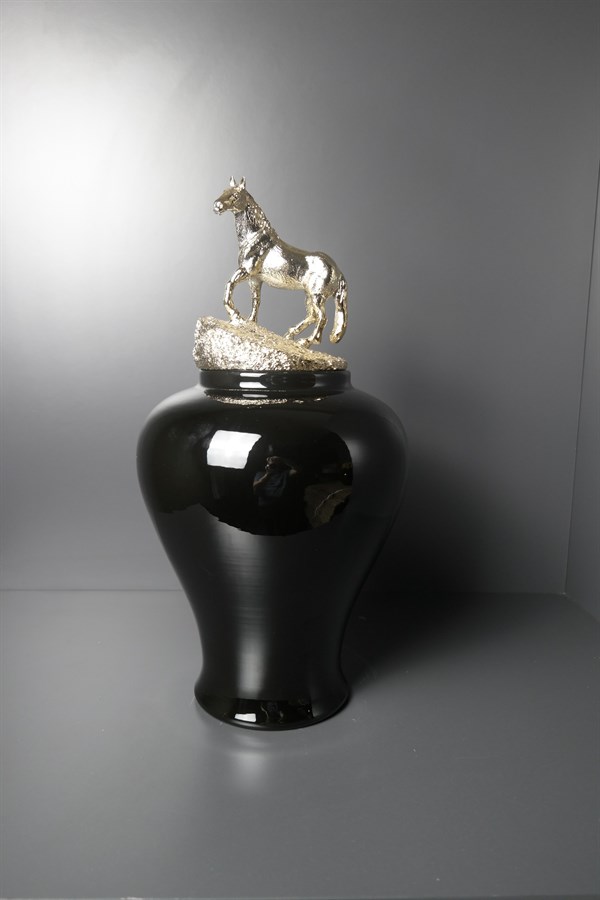 Siyah At Figürlü Kapak Gold Küp 45cm Dekoratif Küp