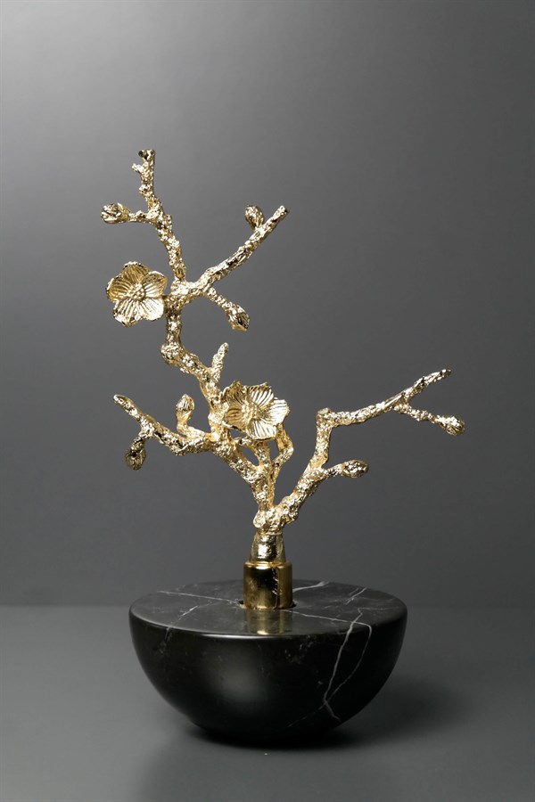 Siyah Mermer Yarım Küre Gold Metal Çiçek Dekor 25 Cm Dekoratif Ev Aksesuarları