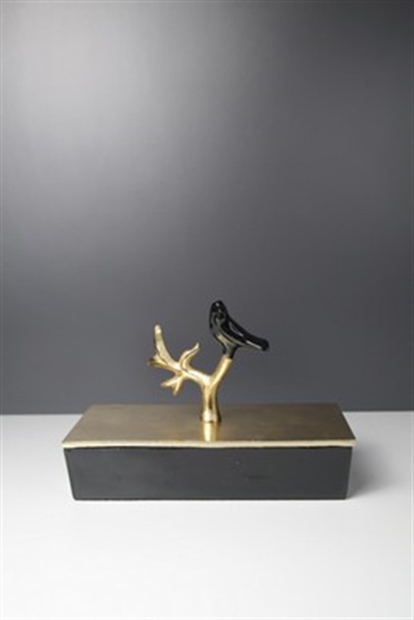 Siyah Metal Göve Gold Kapaklı Kuş Detaylı Dekoratif Kutu Büyük 22 Cm Dekoratif Kutu