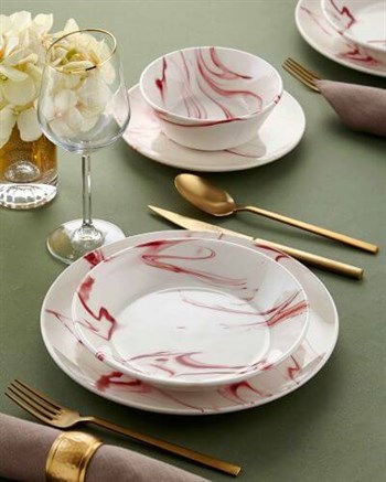 24 Parça Beyaz Zemin Kırmızı Ebruli Desenli Seramik Yemek Takımı Yemek Takımları