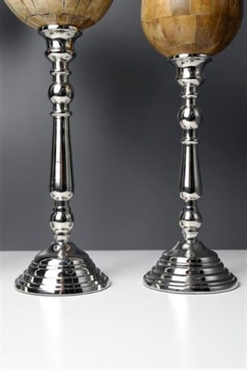 3lü Gümüş Metal Gövdeli Ahşap Küre Dekoratif Obje 50-42-38 Cm Dekoratif Obje