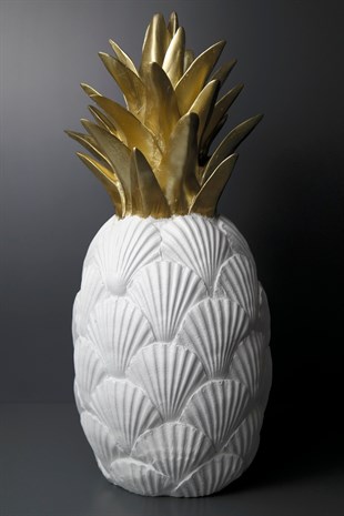 Beyaz Deniz Kabuğu Desenli  Gold Detaylı Polyresin Dekoratif Ananas Figürü 42 Cm Dekoratif Ev Aksesuarları