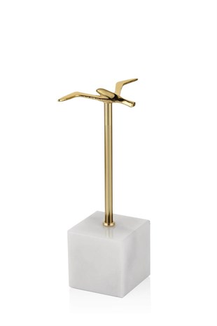 Beyaz Mermer Kaideli Gold Metal Gövdeli Minyatür Kuş Objesi 26 Cm