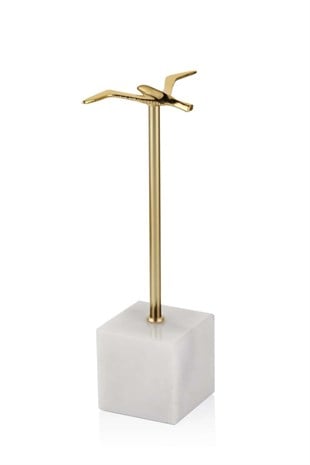 Beyaz Mermer Kaideli Gold Metal Gövdeli Minyatür Kuş Objesi 32 Cm