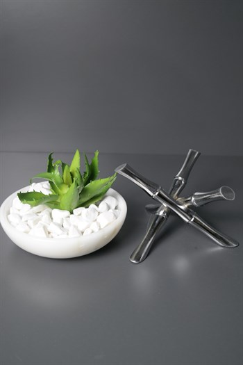 Beyaz Mermer Kase Metal Bambu Ayaklı Çiçek Aranjmanlı Küçük 12 Cm Dekoratif Kase