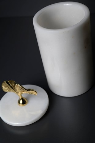 Beyaz Mermer Oymalı Gold Kapaklı Dekoratif Kutu 20 Cm