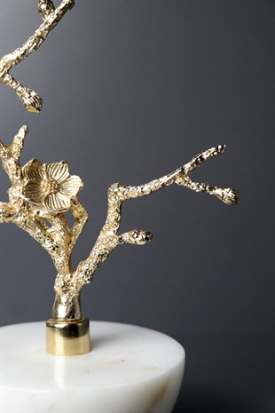 Beyaz Mermer Yarım Küre Gold Metal Çiçek Dekor 25 Cm Dekoratif Ev Aksesuarları