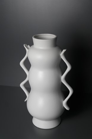 Beyaz Seramik 2 Katlı Ve Kulplu El Detaylı Vazo 34 Cm Dekoratif Ev Aksesuarları