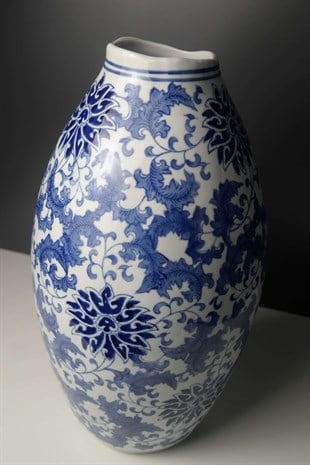 Blue Blanc Çiçek Desenli Seramik Vazo 40 Cm Dekoratif Ev Aksesuarları