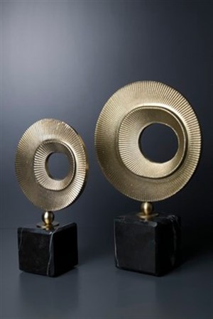 El Yapımı Dekoratif Obje 2li Siyah Mermer Kaideli Gold Pirinç Metal Asimetrik Halkalar Obje & Biblo