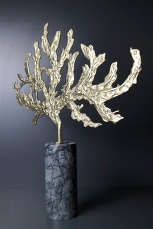 El Yapımı Dekoratif Obje Gri Mermer Kaideli Gold Metal Pirinç Gövde Ağaç Temalı Obje & Biblo