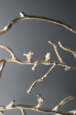 Gold Bronz Kuş Ve Dal Detaylı Yuvarlak Dekoratif Aksesuar 63 Cm