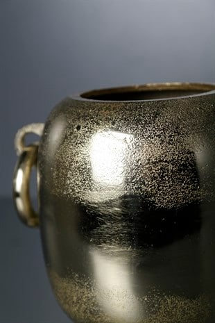 Gold Döküm Demir Küpeli Kulplu Metal Vazo Küçük 16 Cm Dekoratif Ev Aksesuarları