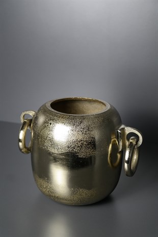 Gold Döküm Demir Küpeli Kulplu Metal Vazo Küçük 16 Cm Dekoratif Ev Aksesuarları