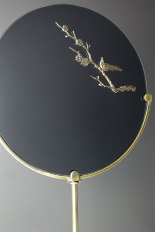 Gold Kuş Dalı Detaylı Mermer Tabanlı Dekoratif Cam Disk 50 Cm Dekoratif Ev Aksesuarları