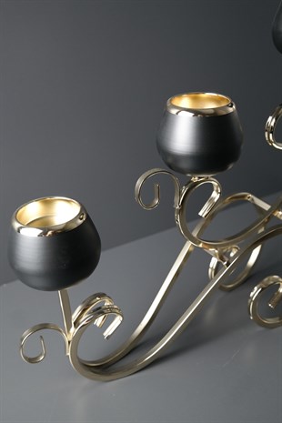 Gold Metal 3'lü Dalgalı Siyah Mat Gövde Cam Şamdan 43x38 Cm