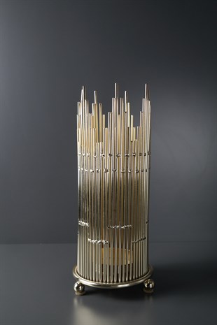 Gold Metal Bambu Görünümlü Dekoratif Mumluk 31 Cm