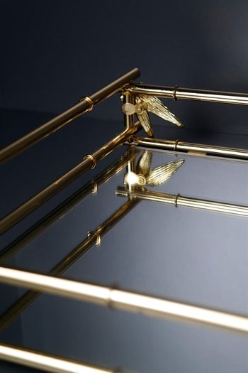 Gold Renk Bambu Tasarımlı İçi Aynalı Tepsi Büyük Dekoratif Tepsi