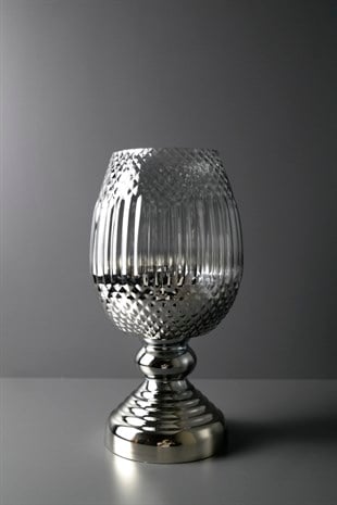 Gri Cam Gümüş Tabanlı Kısa Dekoratif Vazo 32 Cm