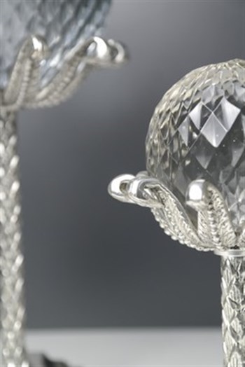 Gümüş Cam Küre Uzun 3lü Kristal Pirinç Gövde Mermer Taban Dekoratif Obje 31-22-20 Cm Dekoratif Obje