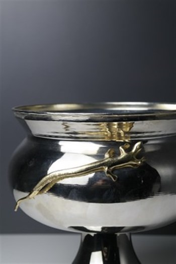 Gümüş Kaplama El Yapımı Pirinç Kertenkele Detaylı Metal Şaraplık 21 Cm Dekoratif Mutfak Ürünleri