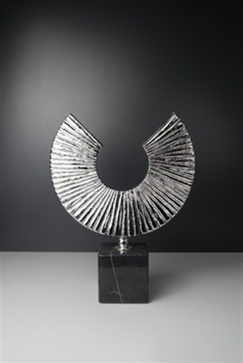 Gümüş Kaplama El Yapımı Pirinç Metal Siyah Mermer Kaideli Yarım Ay Dekoratif Obje Büyük 31 Cm Dekoratif Obje