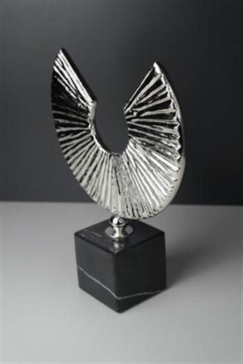 Gümüş Kaplama El Yapımı Pirinç Metal Siyah Mermer Kaideli Yarım Ay Dekoratif Obje Küçük 26 Cm Dekoratif Obje