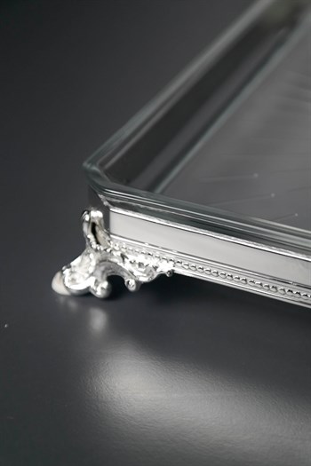Gümüş Kaplama Metal Gövde Sığ Cam Sunum Tepsisi Dekoratif Tepsi