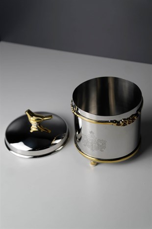 Gümüş Kavanoz Gold Ve Kuş Detaylı Lazer Desenli Metal Kutu 13 Cm Dekoratif Ev Aksesuarları