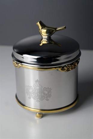 Gümüş Kavanoz Gold Ve Kuş Detaylı Lazer Desenli Metal Kutu 13 Cm Dekoratif Ev Aksesuarları