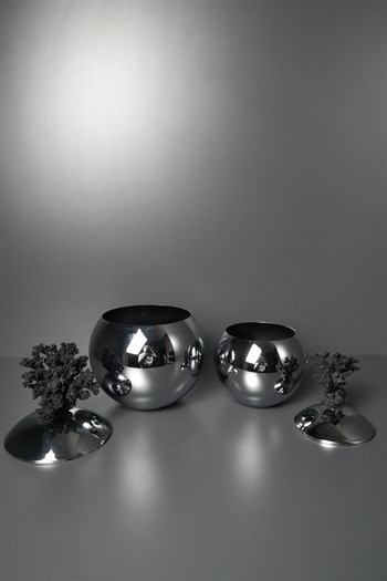 Gümüş Metal 2li Siyah Mercan Kapaklı Dekoratif Küp 21-18 Cm Dekoratif Küp