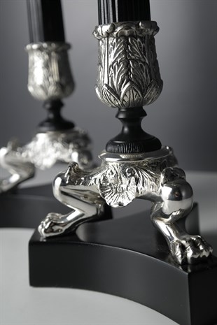 Gümüş Metal Detaylı Siyah Metal Gövdeve Taban 2li Şamdan 41-36 Cm Dekoratif Ev Aksesuarları