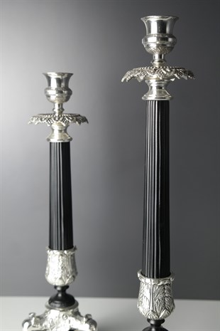 Gümüş Metal Detaylı Siyah Metal Gövdeve Taban 2li Şamdan 41-36 Cm Dekoratif Ev Aksesuarları