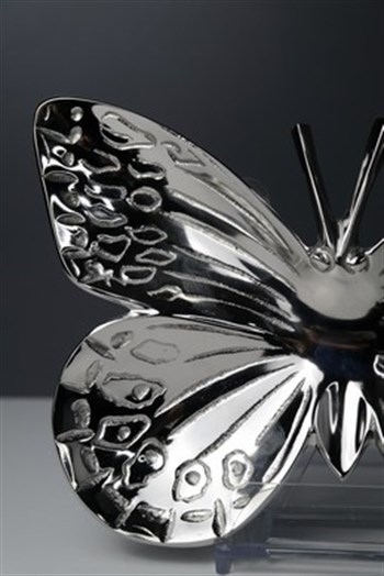 Gümüş Renk Metal Dekoratif Kelebek Detaylı Kase Çerezlik 24 Cm Dekoratif Kase