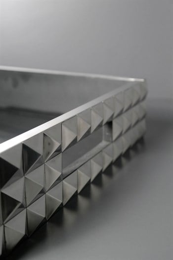 Gümüş Renk Prizma Desenli Metal Dış Gövde Dikdörtgen Ahşap Tepsi Dekoratif Tepsi