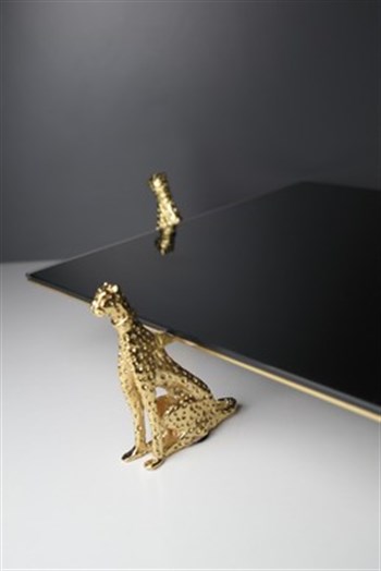 Jaguar Gold Detaylı Pirinç Gövde El Yapımı 4 Ayaklı Siyah Cam Kare Dekoratif Tepsi 39 Cm Dekoratif Tepsi