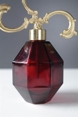 Kırmızı Cam Gold Metal Kapaklı Parfüm Şişesi 14 Cm