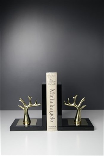 Kitap Tutucu 2'li Kristal Cam El Yapımı Gold Pirinç Ağaç Detaylı 16 cm Dekoratif Kitap Tutucu