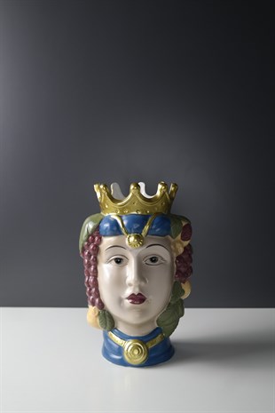 Kraliçe Yüzlü Gold Detaylı Renkli Dekoratif Vazo 22 Cm