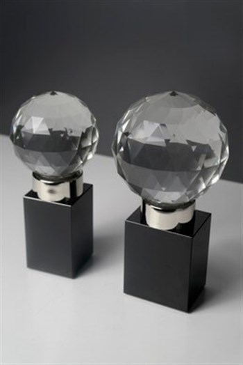 Kristal Cam Küre 2li Set Metal Detaylı Siyah Cam Kaideli Dekoratif Obje 20-18 Cm Obje & Biblo