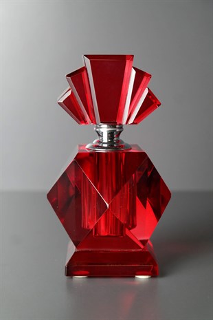 Kristal Lazer Kesim Kırmızı Geometrik Desenli Dekoratif Parfüm Şişesi 9cmx13cm9cm