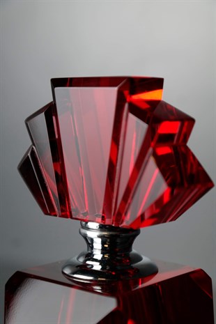 Kristal Lazer Kesim Kırmızı Geometrik Desenli Dekoratif Cam Şişe 13 Cm Dekoratif Ev Aksesuarları