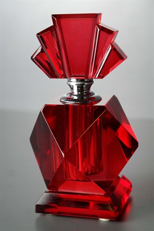 Kristal Lazer Kesim Kırmızı Geometrik Desenli Dekoratif Cam Şişe 13 Cm Dekoratif Ev Aksesuarları