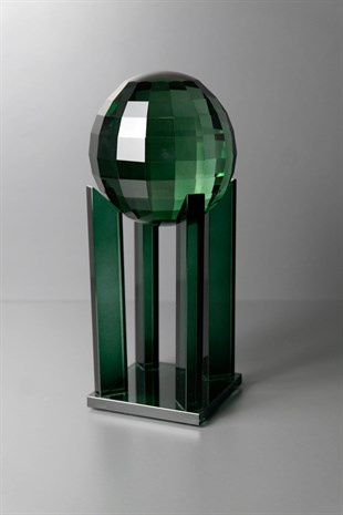 Kristal Lazer Kesim Yeşil Geometrik Desenli Cam Kaideli Cam Küreli Dekoratif Obje 22 Cm Dekoratif Ev Aksesuarları
